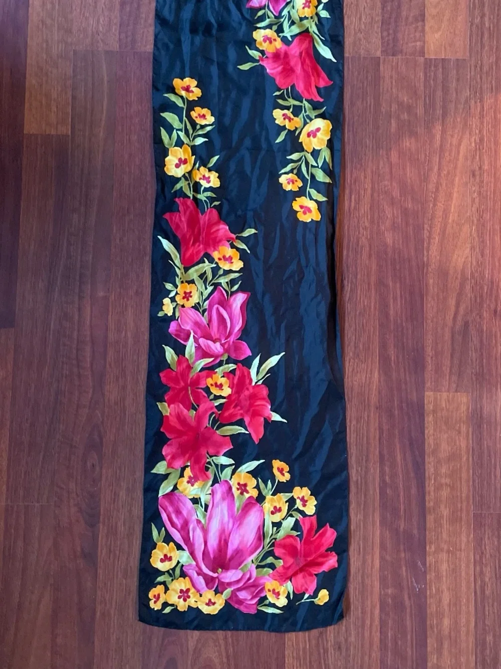Vintage Oscar by Oscar de la Renta Long/Oblong Black Floral Silk Scarf